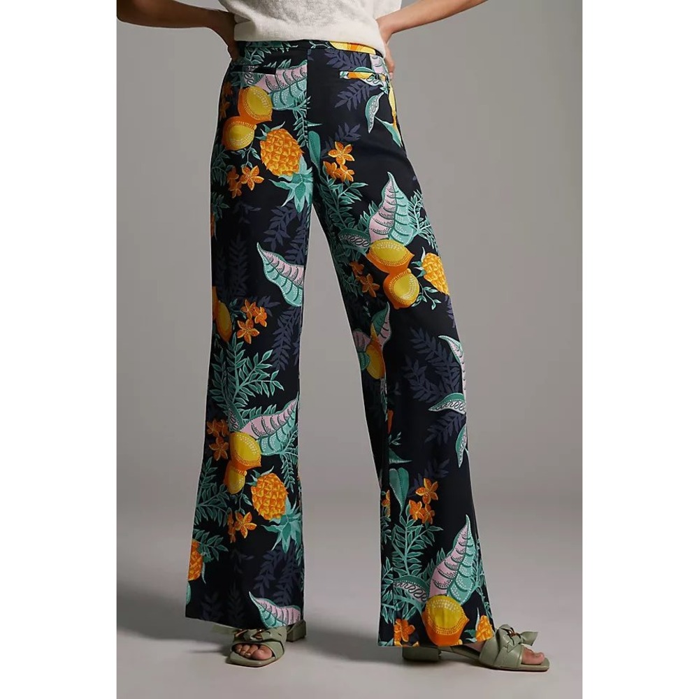 Maeve Anthropologie Tropical Fruit Print Wide Leg Lyocell Pants Navy Size 24